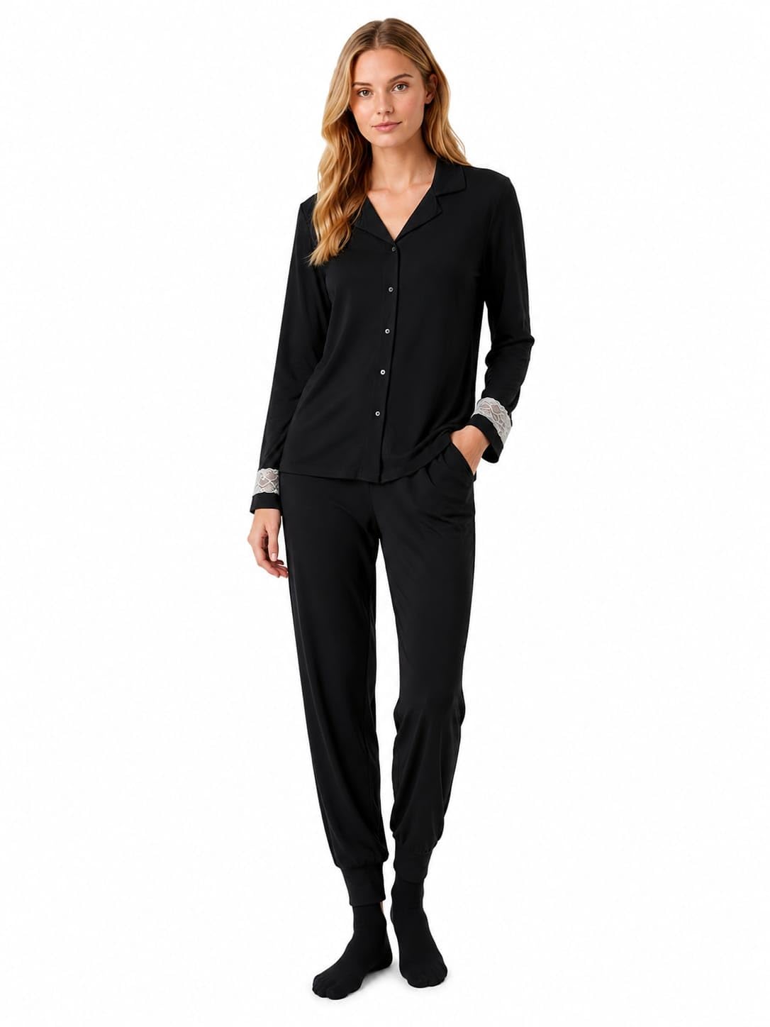 Women's Black Long Sleeve Pyjama Set with Lace Cuffs-picture-31