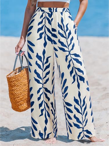 Image of CUPSHE Women's Wide Leg Beach Pants - Tropical Floral with Pockets Plus Size Casual Flowy Vacation Bottoms