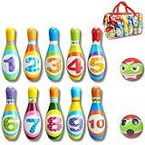 JUEGO DE BOLOS INFANTILES - Juguetes niños 2 años a 8. Regalo para niños 2 años a 8 - Bowling - Juguetes Montessori - 10 Bolos de gomaespuma de 19cm + 2 pelotas - Incluye Bolsa de Transporte. GRANDE