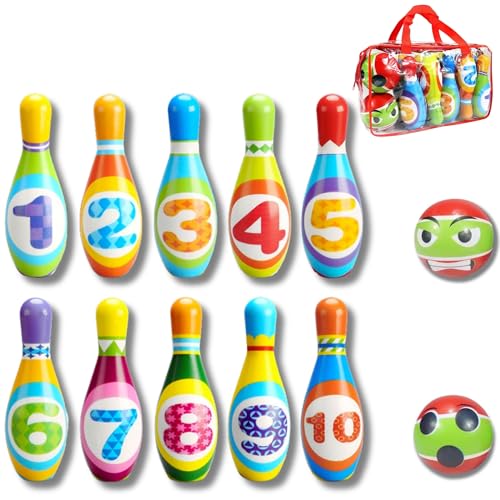 JUEGO DE BOLOS INFANTILES - Juguetes niños 2 años a 8. Regalo para niños 2 años a 8 - Bowling - Juguetes Montessori - 10 Bolos de gomaespuma de 19cm + 2 pelotas - Incluye Bolsa de Transporte. GRANDE