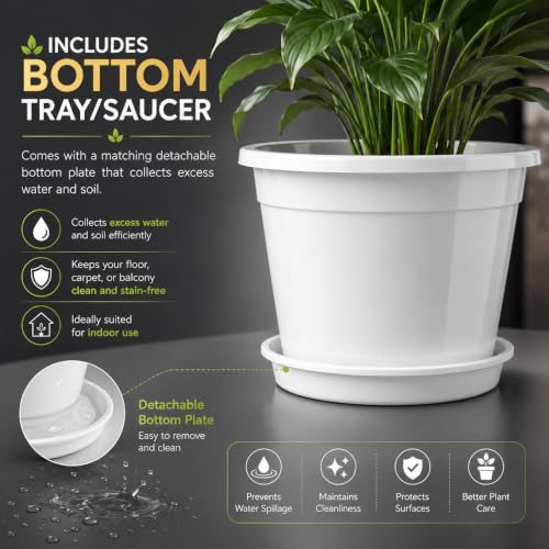 Image of 12 Inch Glossy White Plastic Planter with Bottom Plate | Heavy Duty Flower Pot with Tray for Indoor Home Decor, Balcony, Living Room & Outdoor Garden (10 Pot, White)