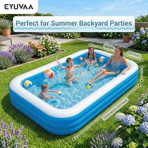 Image of EYUVAA LABEL Rectangular Inflatable Swimming Pool Bathtub, Soft Durable PVC Material, 3 Air Chambers, Electric Pump Compatible, Backyard Water Play, Outdoor Garden Summer Fun (10 Feet)