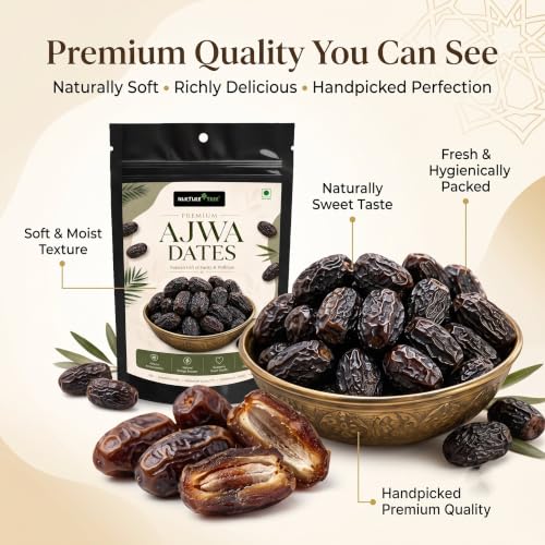 Image of Nurture Tree Premium Saudi Ajwa Dates (Khajoor /Khajur) 400g, 100% Natural Soft and Delicious Arabian Dates in Fresh, Khajur Dry Fruits, No Artificial Colours, Gluten Free, No Added Sugars
