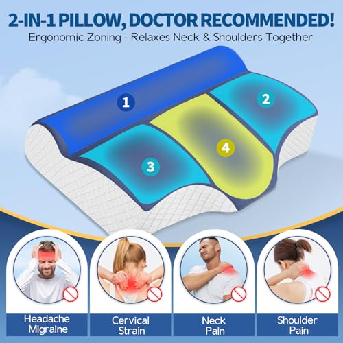 Orthopedic Cervical Memory Foam Pillow For Neck & Shoulder Pain Relief - Contour Neck Support With Neck Roll, Ergonomic Dual-Height For Side/Back Sleepers, Cooling Washable Cover - 100-Night Trial - 2