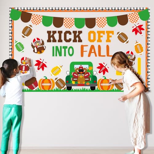 Image of Fall Football Bulletin Board Kick Off into Fall Bulletin Border Autumn Turkey Maple Leaves Pumpkin Cutouts Thanksgiving Theme Sport Bulletin Decorations Set for School Classroom Home Window Wall Decor