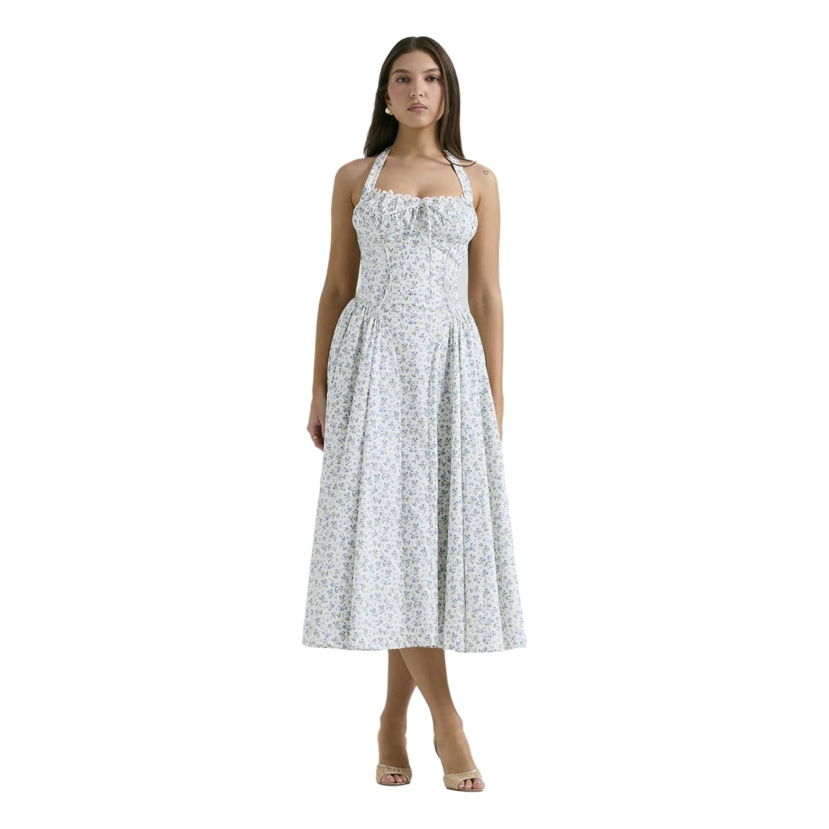 Robe Femme D'été pour Femmes Hoster Corset Floral Maxi Roble avec La Taille Hightes sans Manches-Petites Fleurs Bleues sur Fond Blanc-m