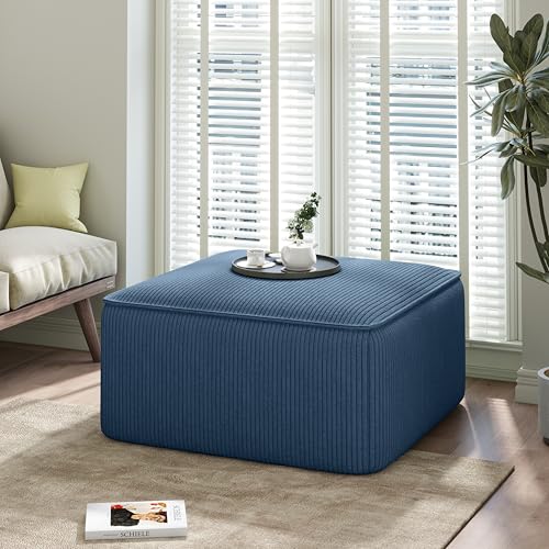 Christopher Knight Home Isa Corduroy Ottoman Footstool, Square Pouf Poufee Footrest Ottoman Large Seat, Modern Side Table for Living Room Bedroom Home Decor, Navy Blue, 30
