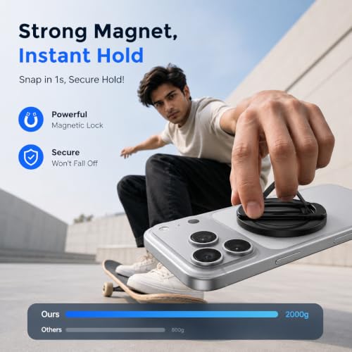 Image of ZORBES Magnetic Phone Grip & Kickstand Phoe Holder for iPhone 12-17 | Soft Silicone Finger Loop Durable Zinc Alloy Phone Stand MagSafe Cases, Strong Adhesion Ring Holder Phone Accessory
