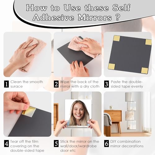 Image of 4 Pieces Self Adhesive Acrylic Mirrors, Unbreakable Mirror Tiles, Flexible Wall Mirror Plates, Shatterproof, Full Body Mirror for Home, Bedroom, Gym, Door, Wardrobe