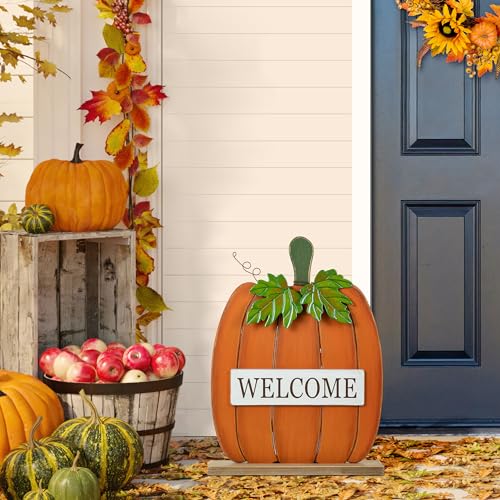 Glitzhome Solid Wood "WELCOME" Pumpkin Sign for Porch Decor 27" H...