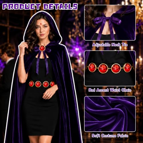 Image of Halloween Costume for Women Purple Hooded Cape with Gem Wasit Belt