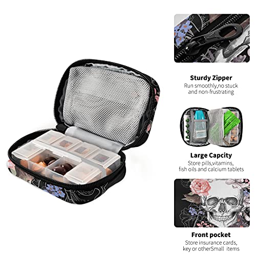 Image of Naanle Watercolor Flower Skull Pill Box 7 Day Pill Case Travel Pill Organizer Bag with Zipper Portable Weekly Case Compact Size for Vitamin Supplement Holder