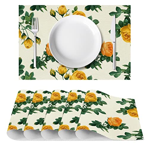 Set de table antidérapant jaune lavable motif floral résistant à la chaleur x6