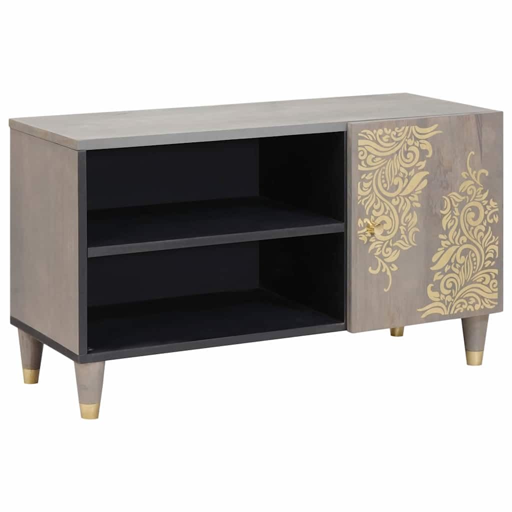 Mangloder - Mobile TV basso, in legno di mango massiccio, grigio, 80 x 33 x 46 cm, con mensola, pomelli in ottone e design serigrafato dorato, per soggiorno, home theater e gaming