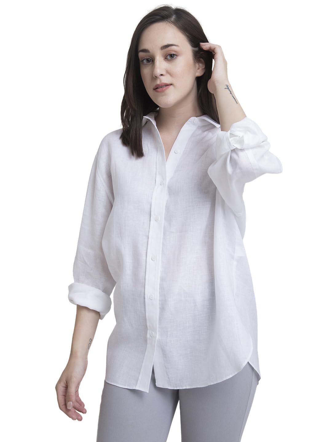 fablestreet Cotton Collared Oversized Shirt - White-picture-38