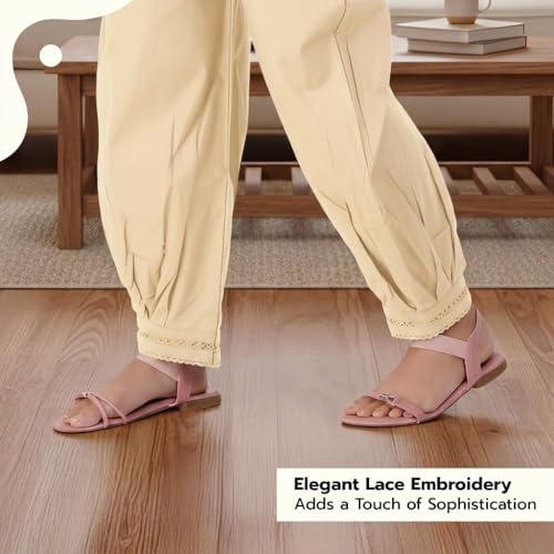 Image of Happy Bunny Women's Cotton Afghani Salwar with Lace Embroidery Detailing - Elastic Waist, Comfortable Loose Fit Bottoms for Casual, Ethnic