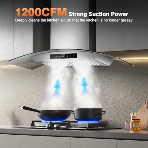 30 Inch Wall Mount Range Hood 1200CFM, 4-Speed Wall Mount Range Hood with Touch Control & Gesture Sensing Stainless Steel Kitchen Stove Vent Hoods with 2 LED Lights Pro Series