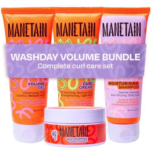 Image of MANETAIN Washday Volume Bundle Mini Size | Moisturizing Shampoo 100ml , Multipurpose Conditioner 100gm , Volume Gel 100 ml & Curl Cream 100 ml | Hydrating, Anti-Frizz, Curl-Enhancing for Curly,Wavy Hair