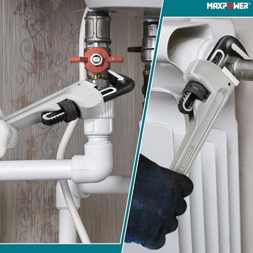 Image of MAXPOWER 10 inch Straight Pipe Wrench, 1 inch Jaw Capacity, 40% Lighter Aluminum Adjustable Plumbing Wrench, Cr-Mo Jaw, Drop Forged