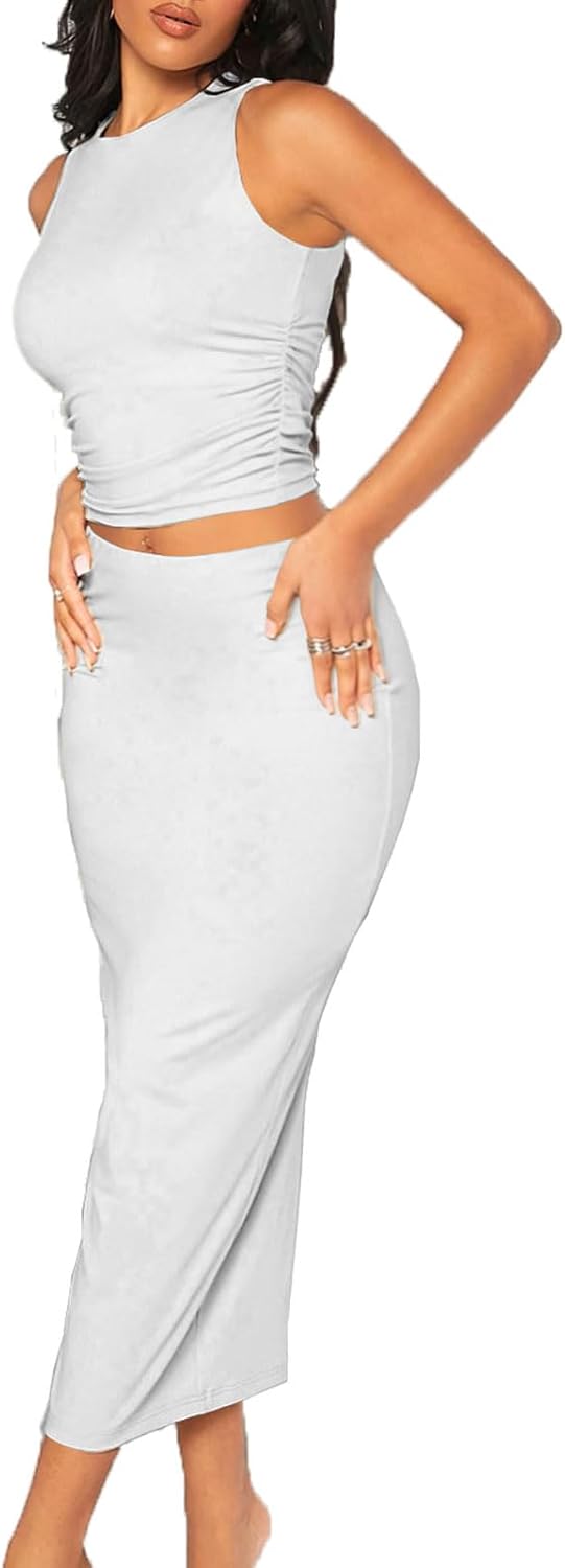 Women's Casual 2 Piece Dress Round Neck Tank Top Bodycon Midi Skirt Dress Set - Image 4