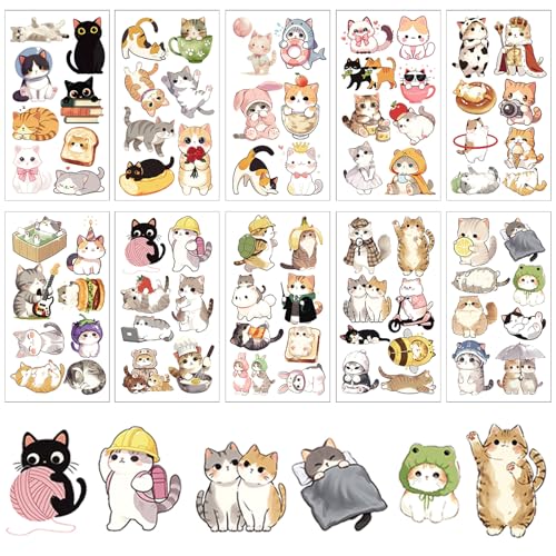 Pegatinas de Tatuajes Temporales Gatos 10 Piezas Tatuaje de Gato de Dibujos Animados y Animales Tatuajes Temporales de Gatos para Niños para Invitados, Regalo, Pegatinas Adorables para Cumpleaños