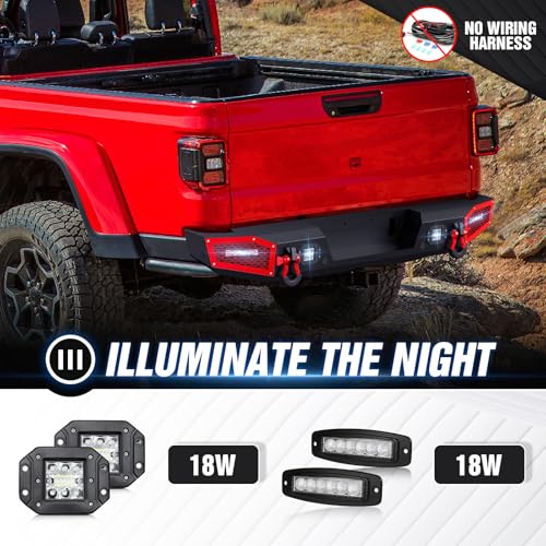 Image of for JT Rear Bumper Compatible with 2020 2021 2022 2023 2024 2025 2026 Jeep Gladiator JT Full Width Pickup Bumper with 18W LED Lights, Paintable Armor, Sensor Holes & D-rings, 2 /4 Doors (Black)