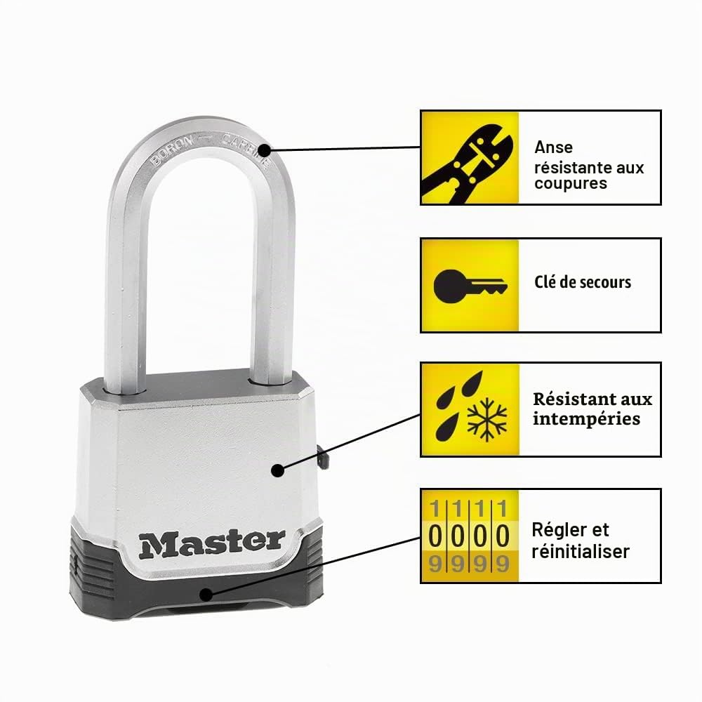 Master Lock M176XDLH Lot de 1 cadenas à combinaison robuste pour extérieur Argenté