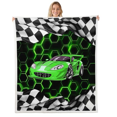 Homemissing Manta de forro polar con diseño de nido de abeja verde, doble de 60 x 79 pulgadas, para niños y niñas, deportes de velocidad, decoración de dormitorio, bandera de carreras, manta de felpa