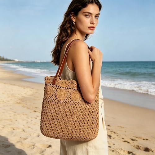 Image of Eiyye Crochet Tote Bag Handwoven Cotton Beach Shoulder Bag with Linen Lining Hobo Summer Vacation Purse for Women