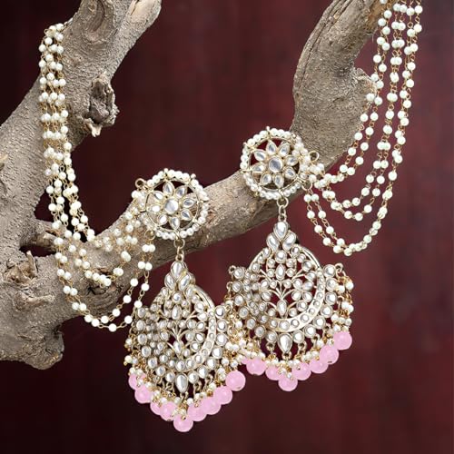Image of Karatcart Gold Plated Pearl Beaded Kundan Kaanchain Earrings for Women
