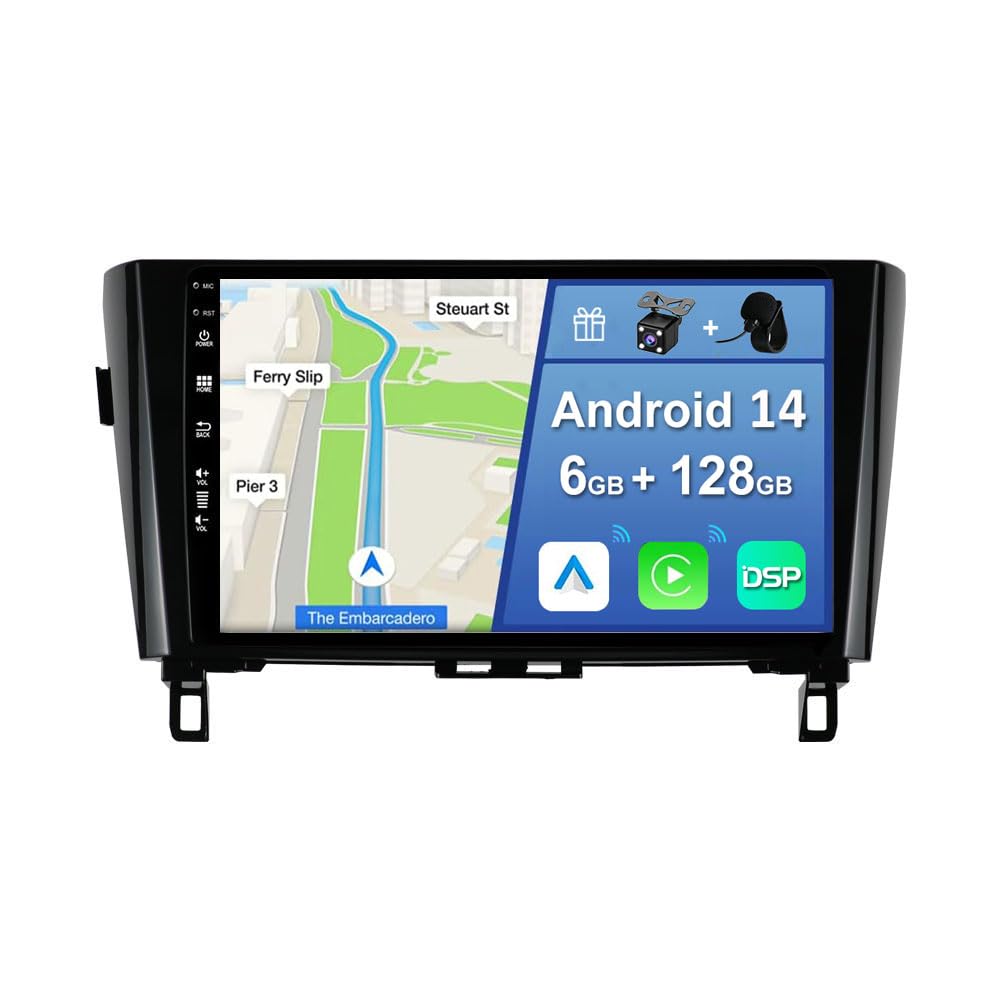Image showing the YUNTX Autoradio unit next to an OEM panel, with 'Before installation' and 'After installation' views of a car dashboard, demonstrating how the new unit integrates.