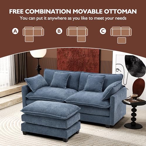 Image of Ihanherry 77 inch L Shaped Modern Sofa Modular Sectional Cloud Couch with Ottoman, 3-Seat Chenille Deep Seat Sofa with Pillow for Living Room, Bedroom and Apartment, Blue