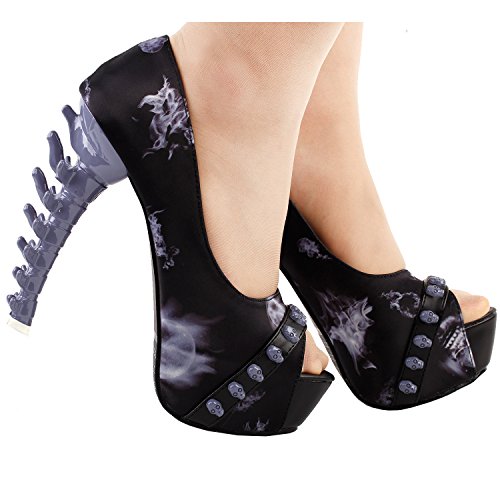 SHOW STORY Skull Rose Print Peeptoe Platform Bone Heel Party Club Pumps,LF806293