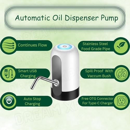 Image of Automatic Stainless Steel Oil Dispenser Pump for 15 Litre /Kg Tin, Fast Continuous Flow, Wireless USB Charging, Food-Grade Flexible Pipe, Spill-Proof, Oil Transfer Device, Touch Operation (Pack of 2)