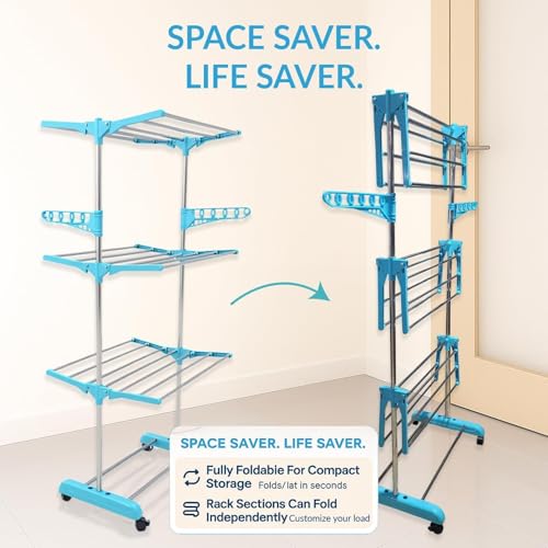 Image of H Houseware Single Pole Stainless Steel 3 Tier Cloth Drying Stand with Wheels | Foldable Clothes Dryer & Laundry Rack | Rustproof & Portable | 43.2D x 78.7W x 165H cm(Blue)