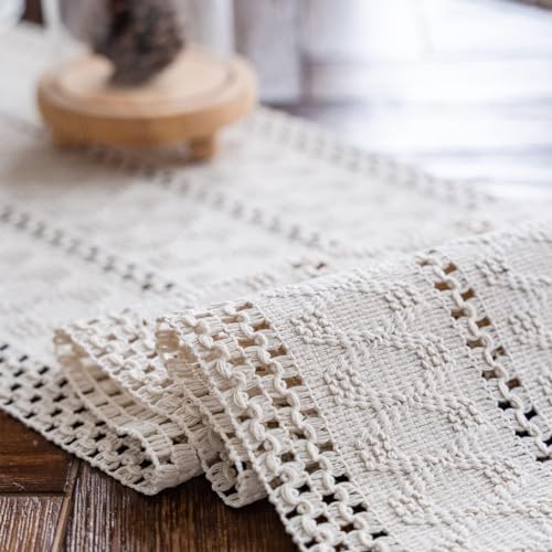 Alynsehom Macrame Table Runner Cream Beige Boho Table Runner with Tassels Hand Woven Cotton Table Runner Rustic Farmhouse Table Runner for Bohemian Kitchen Dining Table(12x48in)