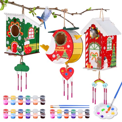 JMMICO 3 Pack Bird Houses Kits for Kids, Wooden Painting Arts and Crafts for Kids Ages 8-12, Build & Paint Your Own Bird Houses and Wind Chime Kits, Toddlers for Girls Boys