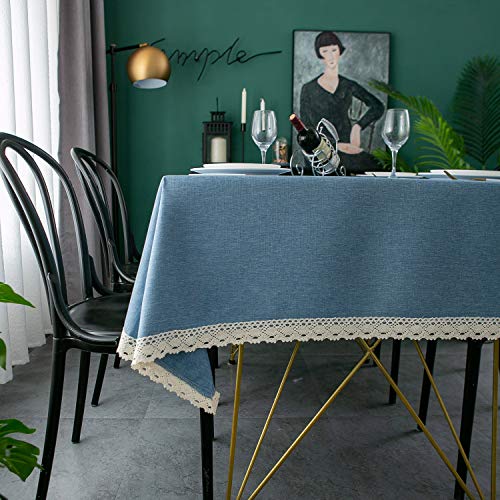 EHouseHome Faux Linen Tablecloth with Lace Trim - Waterproof/Spill Proof/Stain Resistant/Wrinkle Free/Oil Proof - for Banquet, Parties, Dinner,Wedding,Holiday,Water Blue Rectangle 60x120Inch