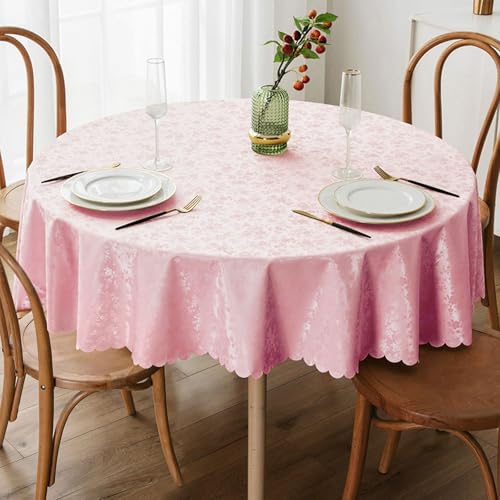 Image of Smiry Round Table Cloth, Waterproof Heavy Duty Vinyl Tablecloths, Wipeable Washable Table Cover for Kitchen, Dining Room & Valentines(Pink, 60 inch Round)