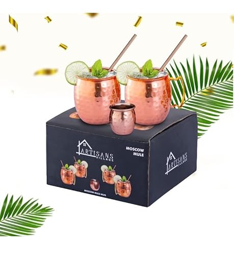 ARTISANS VILLAGE Moscow Mule Copper Mugs: Set of 2 glasses (16 oz) with 2 Cocktail Straws and 1 Shot glass