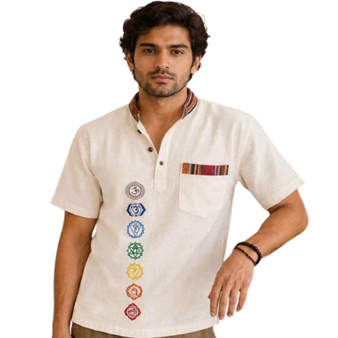 Indian Men's and Boy's Summer Fashion Chakra Print Cotton Hemp Shirt Short Kurta, Cream, Mandarin Collar, Short Sleeve, Spiritual Theme-picture-17