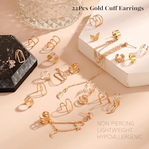 22Pcs Golden Ear Cuffs Earrings for Women Non Piercing Lightweight, Adjustable Hypoallergenic Fake Clip On Cartilage Butterfly Chain Twist Helix Leaf Wrap Earrings Set, Trendy Jewelry3
