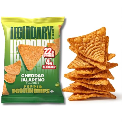 Legendary Foods Cheddar Jalapeño Protein Chips – Popped Tortilla Style – 22g High Protein, 4g Net Carbs, Low Sugar, Gluten Free, Keto Snack Packs – 10 Count – Healthy Crunchy Chips