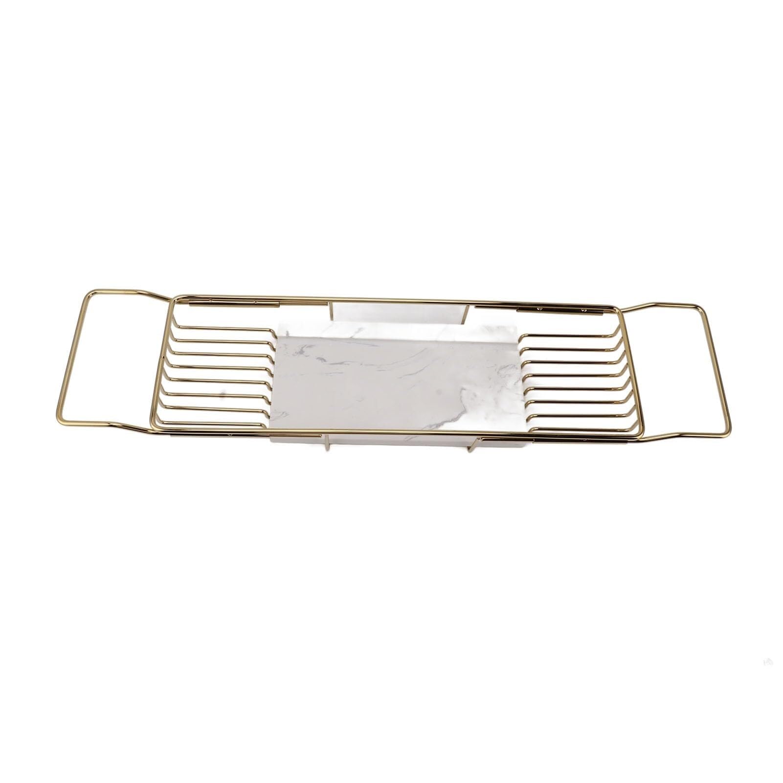Estante para bañera – Bandeja de mesa para lavabo para champú y artículos esenciales – Almacenamiento de baño de alambre ajustable, color dorado y blanco