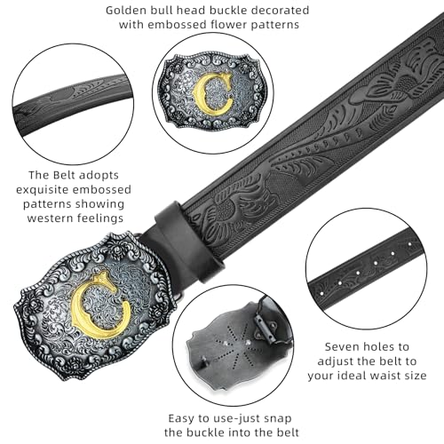Image of Mens Western Cowboy Cowgirl Faux Leather Belt Longhorn Bull Pattern Letter Big Buckle Embossed Floral Belts
