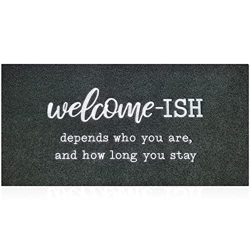 JJUUYOU Large Door Mats Outdoor Welcome Mat for Front Door Outside Entryway Funny Doormat Non Slip Rubber Back Rugs Black Welcome-ish Low Profile Mats for Entry Patio Shoe Rugs
