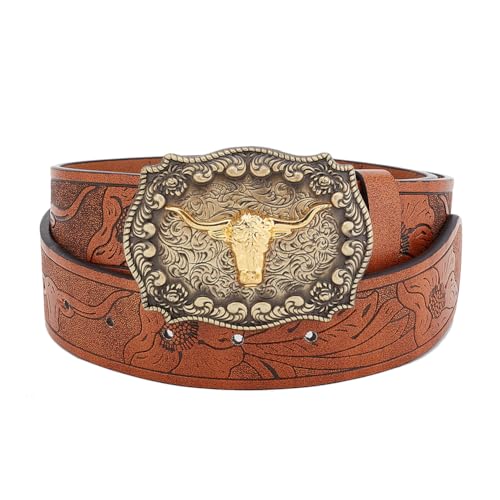 Western Cowboy PU Leather Belt Engraved Buckle Belts Country Rodeo Buckle Belt Vintage Belt Bull Buckle Belt