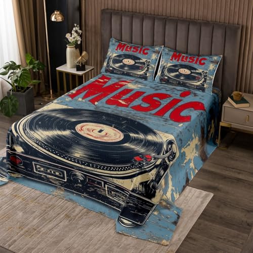 richhome Juego de colcha acolchada con diseño retro de los años 83, tamaño doble, para niños y niñas, tocadiscos vintage, músico, notas musicales, decoración de habitación para todas las estaciones