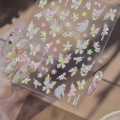 Image of Butterfly Nail Stickers Decals Flower Nail Stickers for Nails Art with Pink Green Ombre Design 5D Embossed Self Adhesive Spring Nails Decals for Women DIY Manicure Supply Decoration Accessories