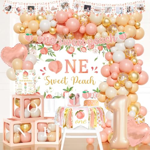 Costova One Sweet Peach Birthday Decorations Peach 1st Birthday Decorations Peach Themed Backdrop Balloon Banner Boxes Poster Crown for Girls Fruit Peachy First Birthday
